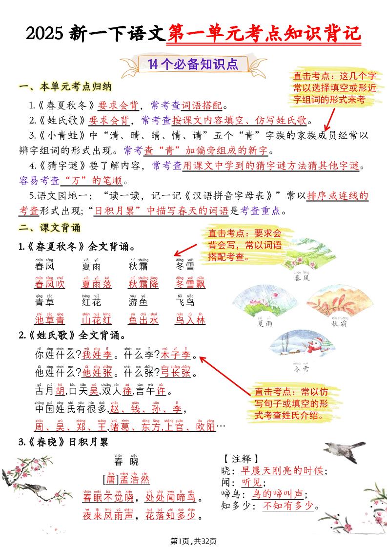 25新一下语文1-8单元考点知识背记（32页）-教辅资料