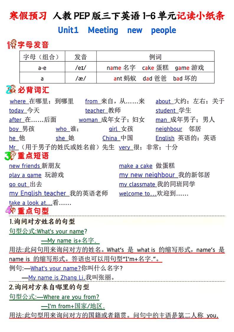人教PEP版三下英语1-6单元记读小纸条-教辅资料