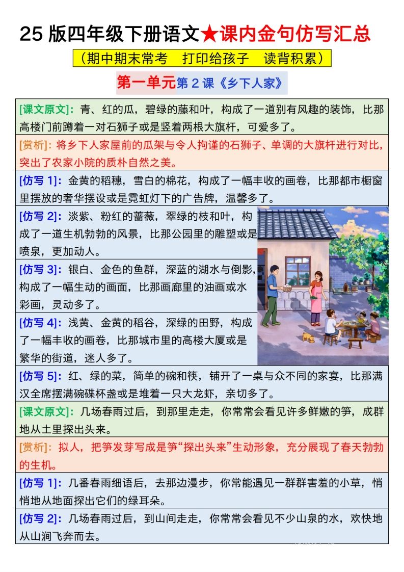 25版四下语文课内金句仿写汇总31页-教辅资料