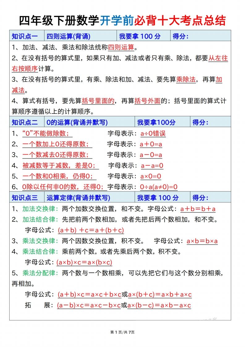 四下数学必背十大考点总结7页-教辅资料
