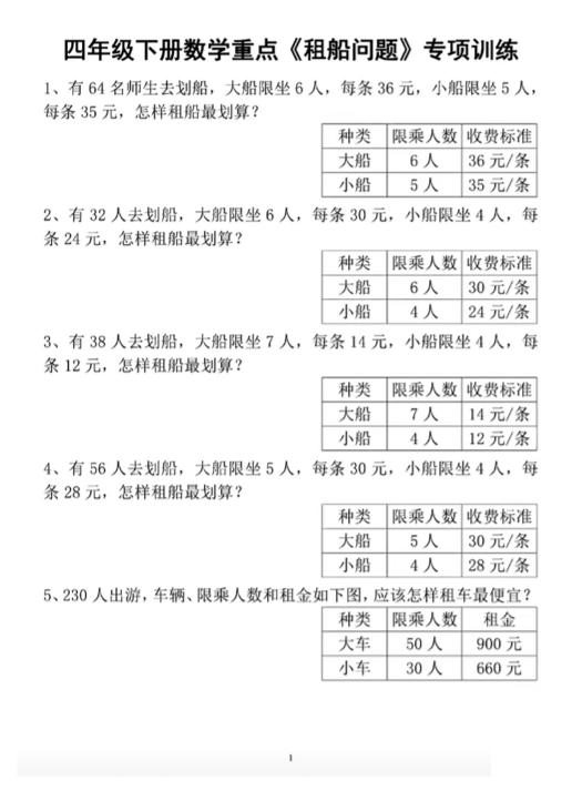 四下数学人教版《租船问题》专项训练-教辅资料