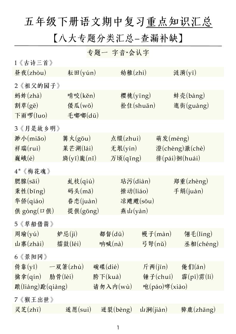 五下语文期中复习八大专题-教辅资料